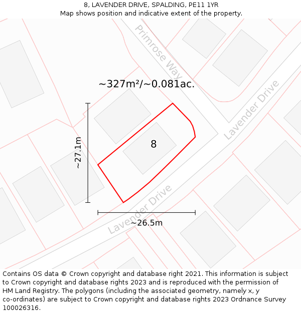 8, LAVENDER DRIVE, SPALDING, PE11 1YR: Plot and title map