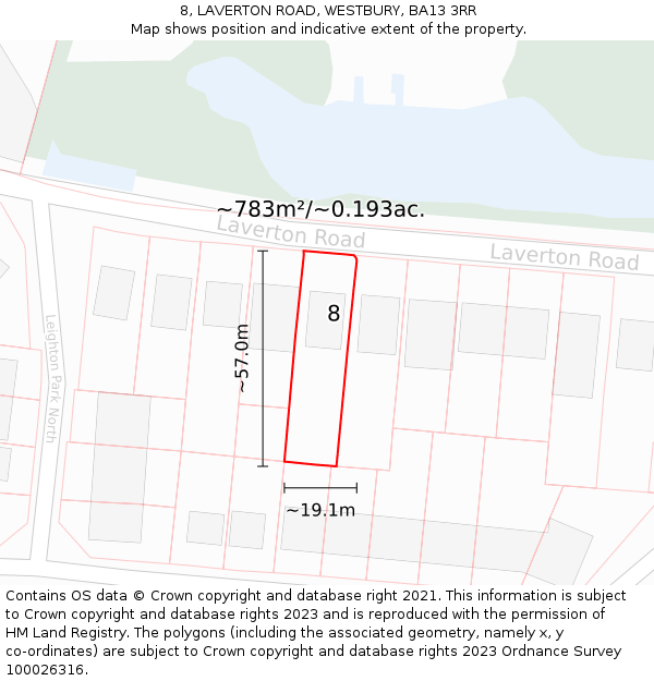 8, LAVERTON ROAD, WESTBURY, BA13 3RR: Plot and title map