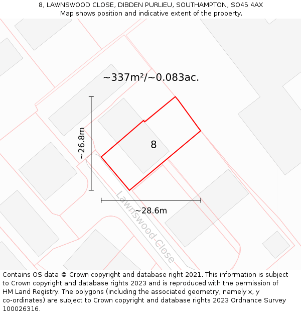 8, LAWNSWOOD CLOSE, DIBDEN PURLIEU, SOUTHAMPTON, SO45 4AX: Plot and title map