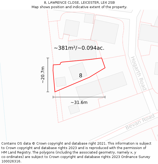 8, LAWRENCE CLOSE, LEICESTER, LE4 2SB: Plot and title map