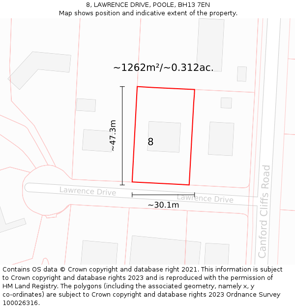 8, LAWRENCE DRIVE, POOLE, BH13 7EN: Plot and title map