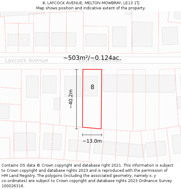 8, LAYCOCK AVENUE, MELTON MOWBRAY, LE13 1TJ: Plot and title map