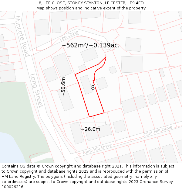 8, LEE CLOSE, STONEY STANTON, LEICESTER, LE9 4ED: Plot and title map