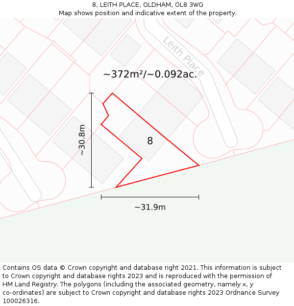 8, LEITH PLACE, OLDHAM, OL8 3WG: Plot and title map