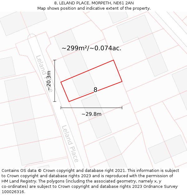 8, LELAND PLACE, MORPETH, NE61 2AN: Plot and title map