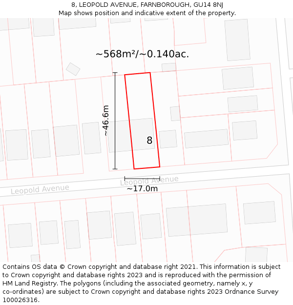 8, LEOPOLD AVENUE, FARNBOROUGH, GU14 8NJ: Plot and title map