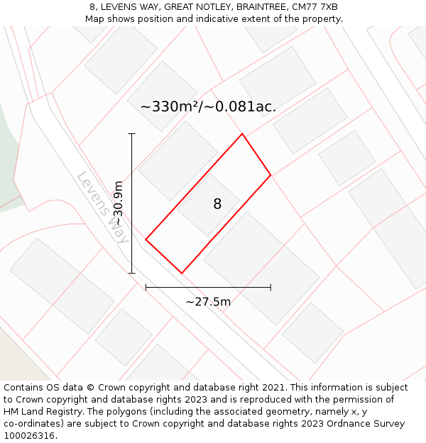 8, LEVENS WAY, GREAT NOTLEY, BRAINTREE, CM77 7XB: Plot and title map