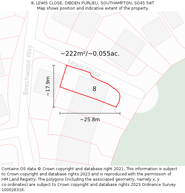 8, LEWIS CLOSE, DIBDEN PURLIEU, SOUTHAMPTON, SO45 5WT: Plot and title map