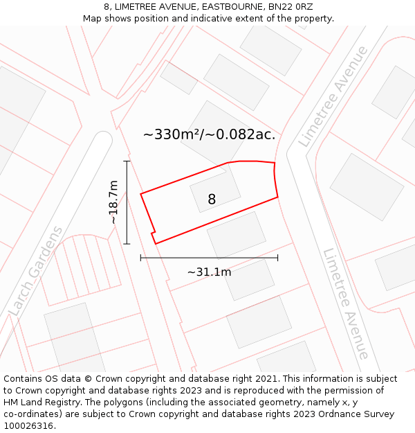 8, LIMETREE AVENUE, EASTBOURNE, BN22 0RZ: Plot and title map