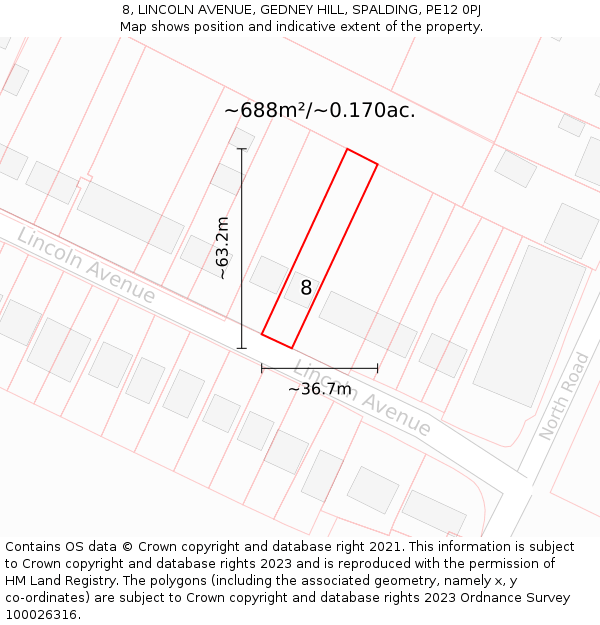 8, LINCOLN AVENUE, GEDNEY HILL, SPALDING, PE12 0PJ: Plot and title map