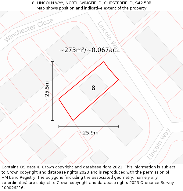 8, LINCOLN WAY, NORTH WINGFIELD, CHESTERFIELD, S42 5RR: Plot and title map