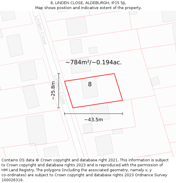 8, LINDEN CLOSE, ALDEBURGH, IP15 5JL: Plot and title map