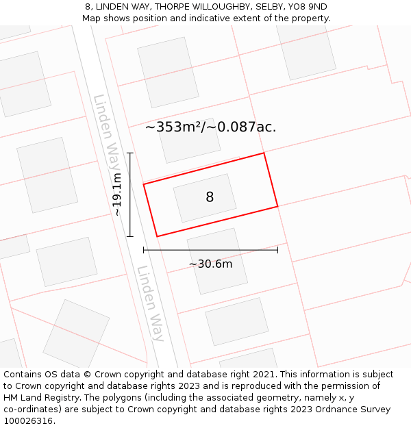 8, LINDEN WAY, THORPE WILLOUGHBY, SELBY, YO8 9ND: Plot and title map