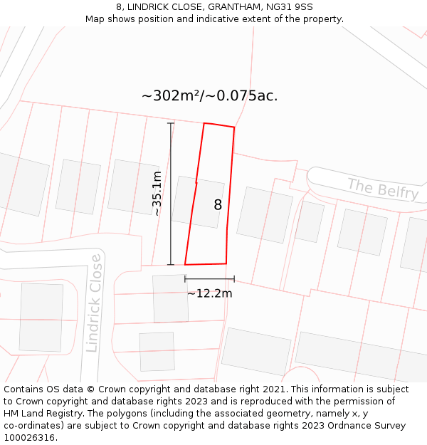 8, LINDRICK CLOSE, GRANTHAM, NG31 9SS: Plot and title map