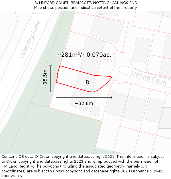 8, LINFORD COURT, BRAMCOTE, NOTTINGHAM, NG9 3ND: Plot and title map