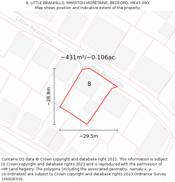 8, LITTLE BEANHILLS, MARSTON MORETAINE, BEDFORD, MK43 0WX: Plot and title map