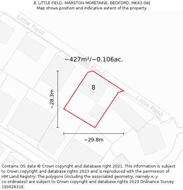 8, LITTLE FIELD, MARSTON MORETAINE, BEDFORD, MK43 0WJ: Plot and title map