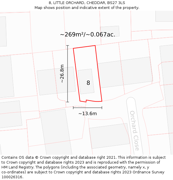 8, LITTLE ORCHARD, CHEDDAR, BS27 3LS: Plot and title map