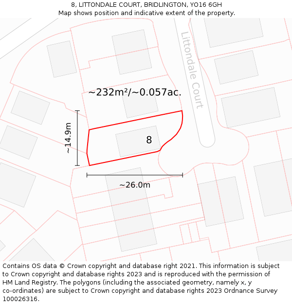 8, LITTONDALE COURT, BRIDLINGTON, YO16 6GH: Plot and title map