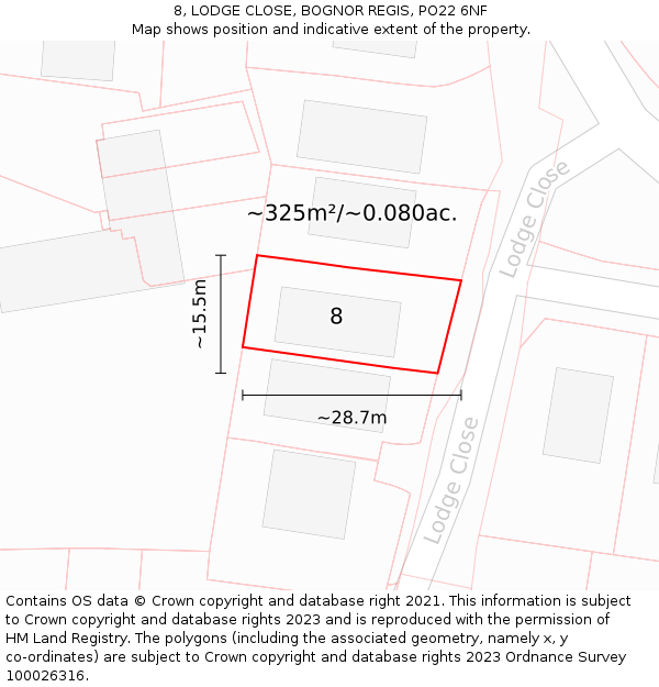 8, LODGE CLOSE, BOGNOR REGIS, PO22 6NF: Plot and title map