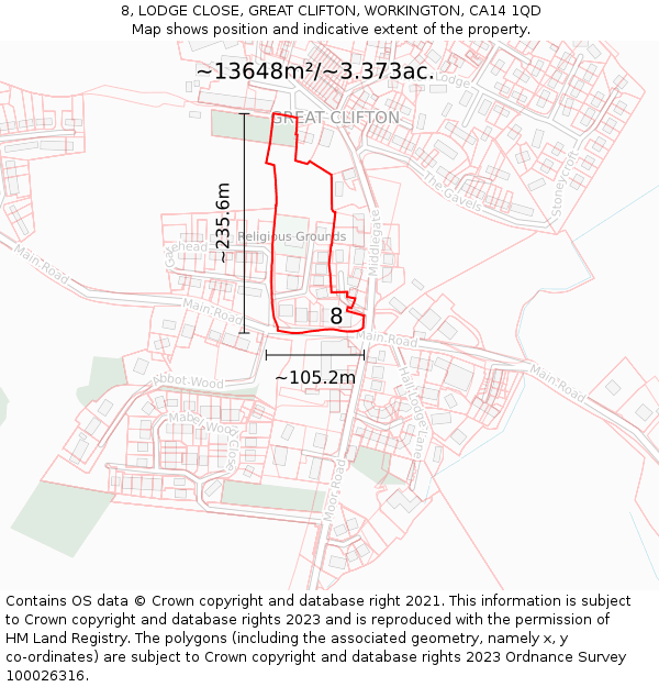 8, LODGE CLOSE, GREAT CLIFTON, WORKINGTON, CA14 1QD: Plot and title map