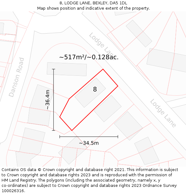 8, LODGE LANE, BEXLEY, DA5 1DL: Plot and title map
