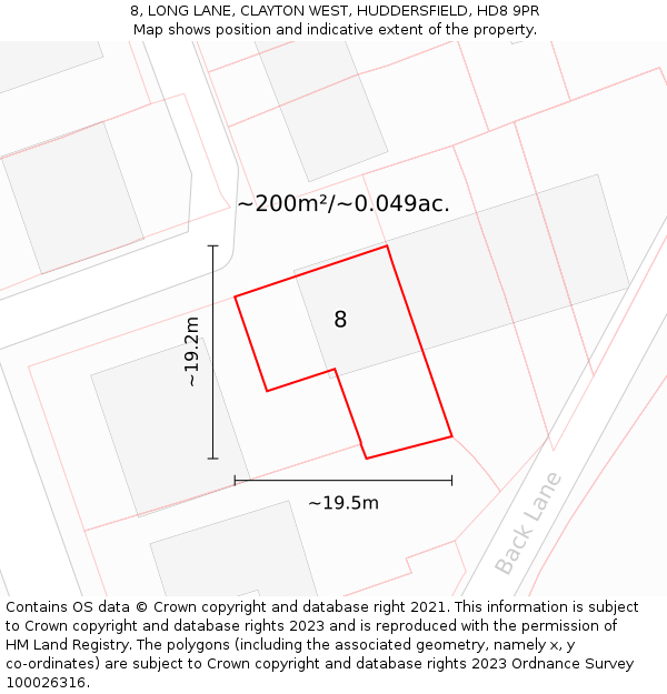 8, LONG LANE, CLAYTON WEST, HUDDERSFIELD, HD8 9PR: Plot and title map