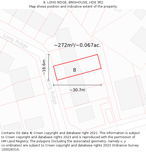 8, LONG RIDGE, BRIGHOUSE, HD6 3RZ: Plot and title map