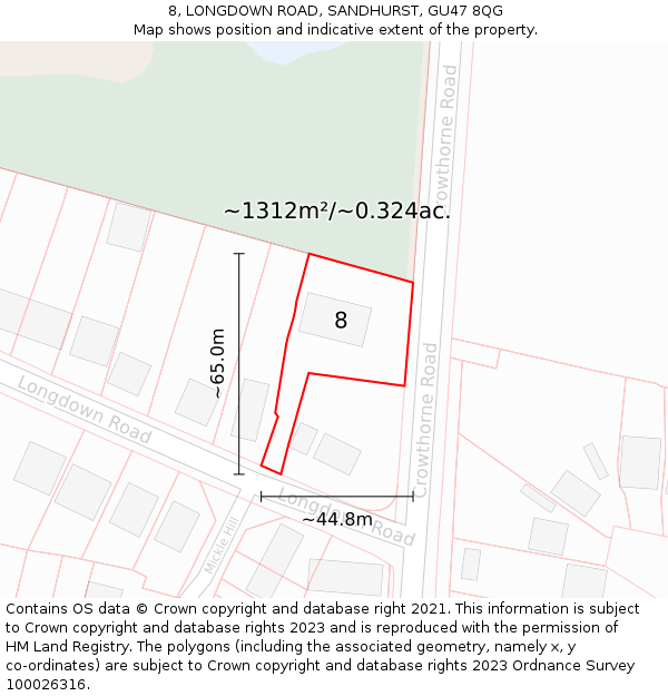8, LONGDOWN ROAD, SANDHURST, GU47 8QG: Plot and title map