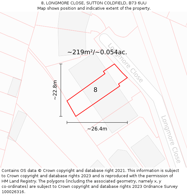 8, LONGMORE CLOSE, SUTTON COLDFIELD, B73 6UU: Plot and title map