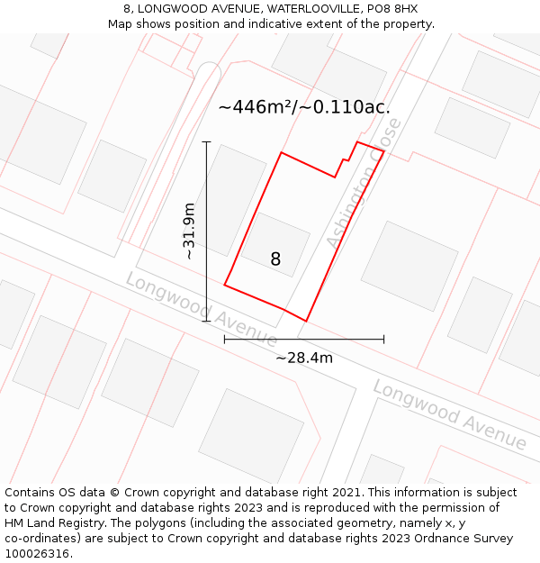 8, LONGWOOD AVENUE, WATERLOOVILLE, PO8 8HX: Plot and title map