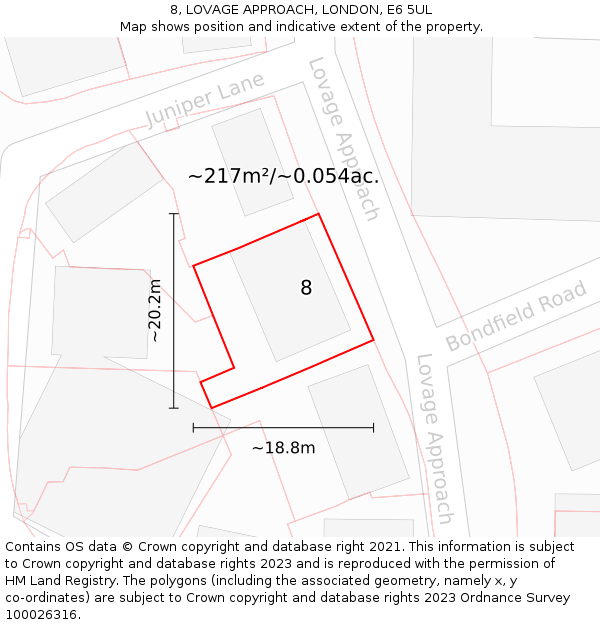 8, LOVAGE APPROACH, LONDON, E6 5UL: Plot and title map