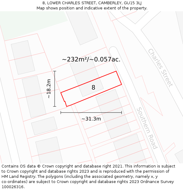 8, LOWER CHARLES STREET, CAMBERLEY, GU15 3LJ: Plot and title map