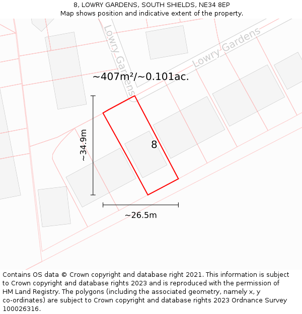 8, LOWRY GARDENS, SOUTH SHIELDS, NE34 8EP: Plot and title map