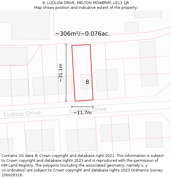 8, LUDLOW DRIVE, MELTON MOWBRAY, LE13 1JR: Plot and title map