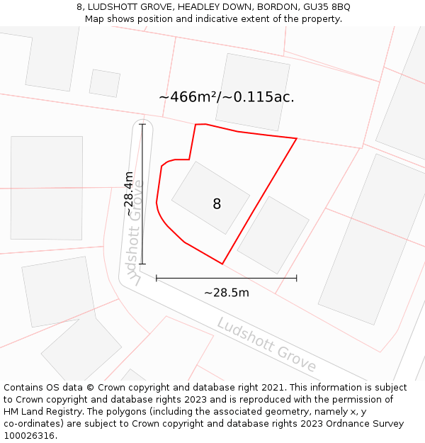 8, LUDSHOTT GROVE, HEADLEY DOWN, BORDON, GU35 8BQ: Plot and title map