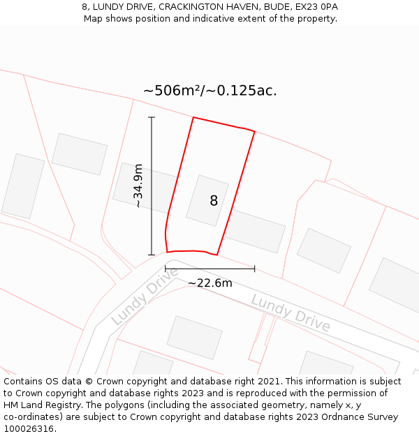 8, LUNDY DRIVE, CRACKINGTON HAVEN, BUDE, EX23 0PA: Plot and title map