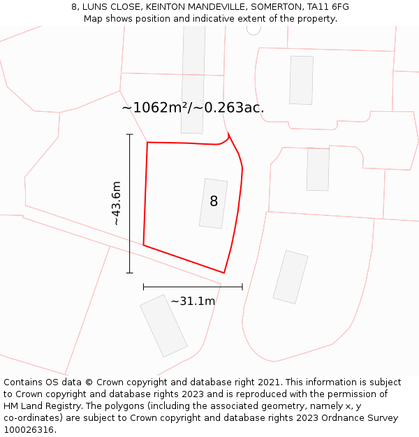 8, LUNS CLOSE, KEINTON MANDEVILLE, SOMERTON, TA11 6FG: Plot and title map