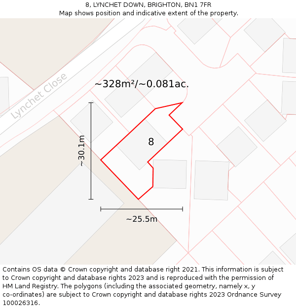 8, LYNCHET DOWN, BRIGHTON, BN1 7FR: Plot and title map