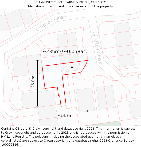 8, LYNDSEY CLOSE, FARNBOROUGH, GU14 9TG: Plot and title map