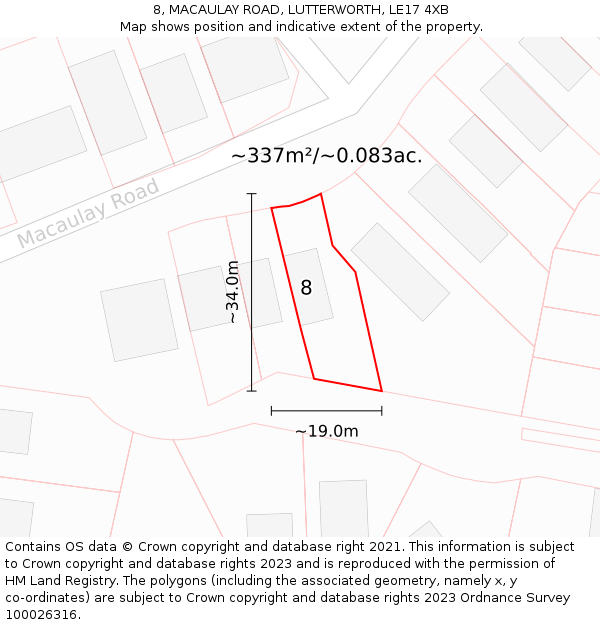 8, MACAULAY ROAD, LUTTERWORTH, LE17 4XB: Plot and title map