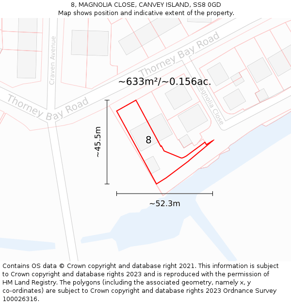 8, MAGNOLIA CLOSE, CANVEY ISLAND, SS8 0GD: Plot and title map