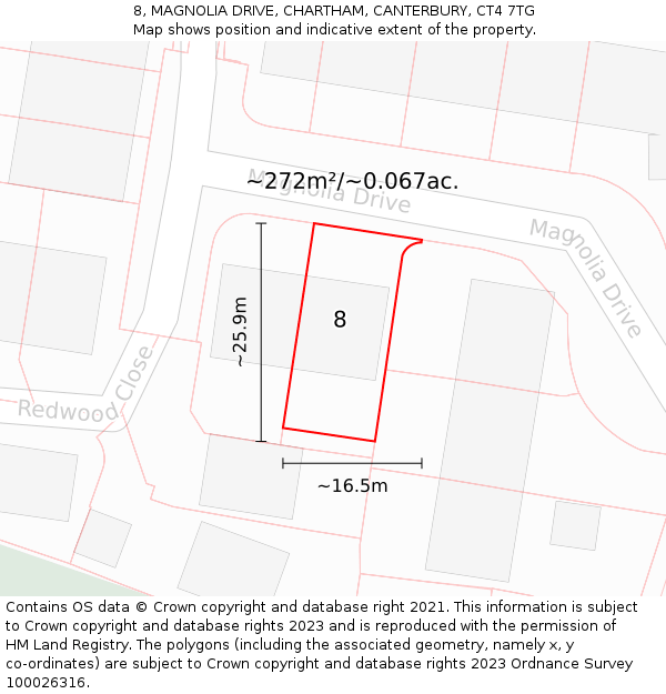 8, MAGNOLIA DRIVE, CHARTHAM, CANTERBURY, CT4 7TG: Plot and title map