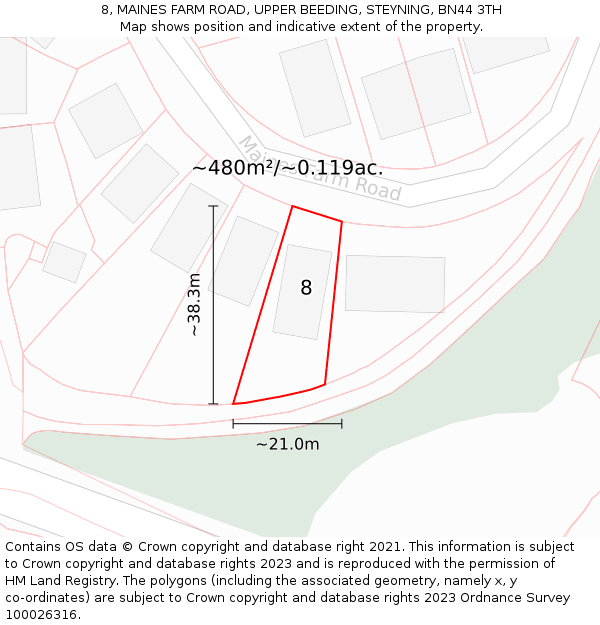 8, MAINES FARM ROAD, UPPER BEEDING, STEYNING, BN44 3TH: Plot and title map