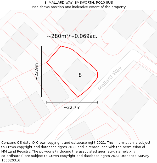 8, MALLARD WAY, EMSWORTH, PO10 8US: Plot and title map