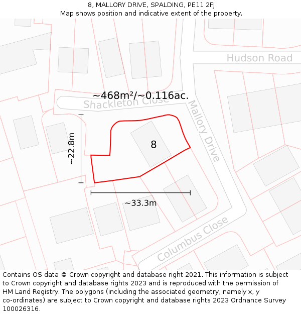 8, MALLORY DRIVE, SPALDING, PE11 2FJ: Plot and title map