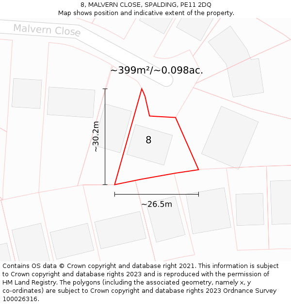 8, MALVERN CLOSE, SPALDING, PE11 2DQ: Plot and title map