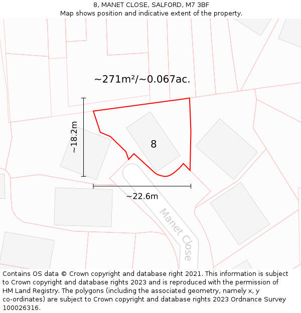 8, MANET CLOSE, SALFORD, M7 3BF: Plot and title map