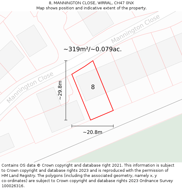 8, MANNINGTON CLOSE, WIRRAL, CH47 0NX: Plot and title map