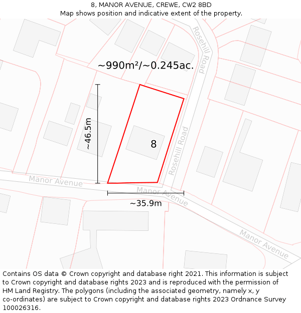 8, MANOR AVENUE, CREWE, CW2 8BD: Plot and title map